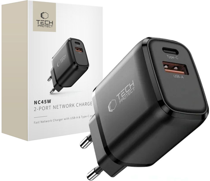 Nätverksladdare Tech-Protect NCA45W, 45W, 3A, 1 x USB-A - 1 x USB-C, Svart