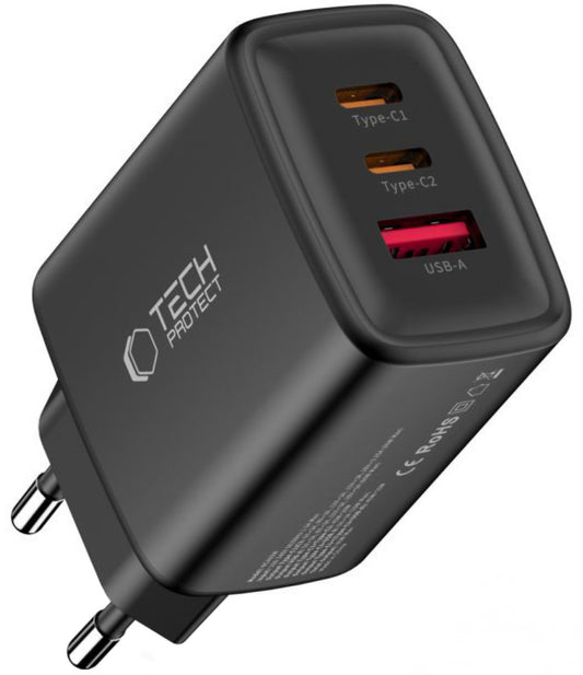 Nätverksladdare Tech-Protect NCA65W, 65W, 3A, 1 x USB-A - 2 x USB-C, Svart