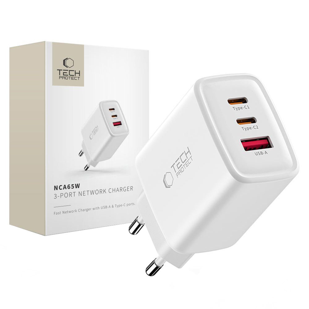 Nätverksladdare Tech-Protect NCA65W, 65W, 3A, 1 x USB-A - 2 x USB-C, Vit