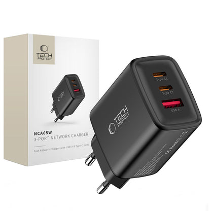 Nätverksladdare Tech-Protect NCA65W, 65W, 3A, 1 x USB-A - 2 x USB-C, Svart
