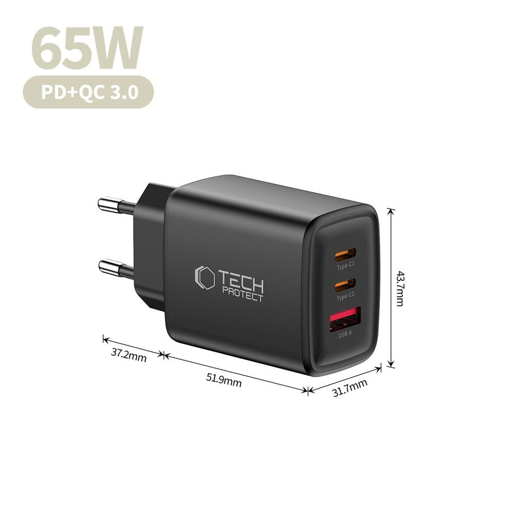 Nätverksladdare Tech-Protect NCA65W, 65W, 3A, 1 x USB-A - 2 x USB-C, Svart