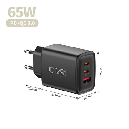 Nätverksladdare Tech-Protect NCA65W, 65W, 3A, 1 x USB-A - 2 x USB-C, Svart