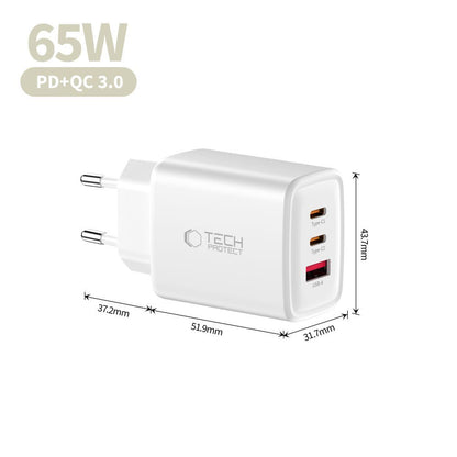 Nätverksladdare Tech-Protect NCA65W, 65W, 3A, 1 x USB-A - 2 x USB-C, Vit