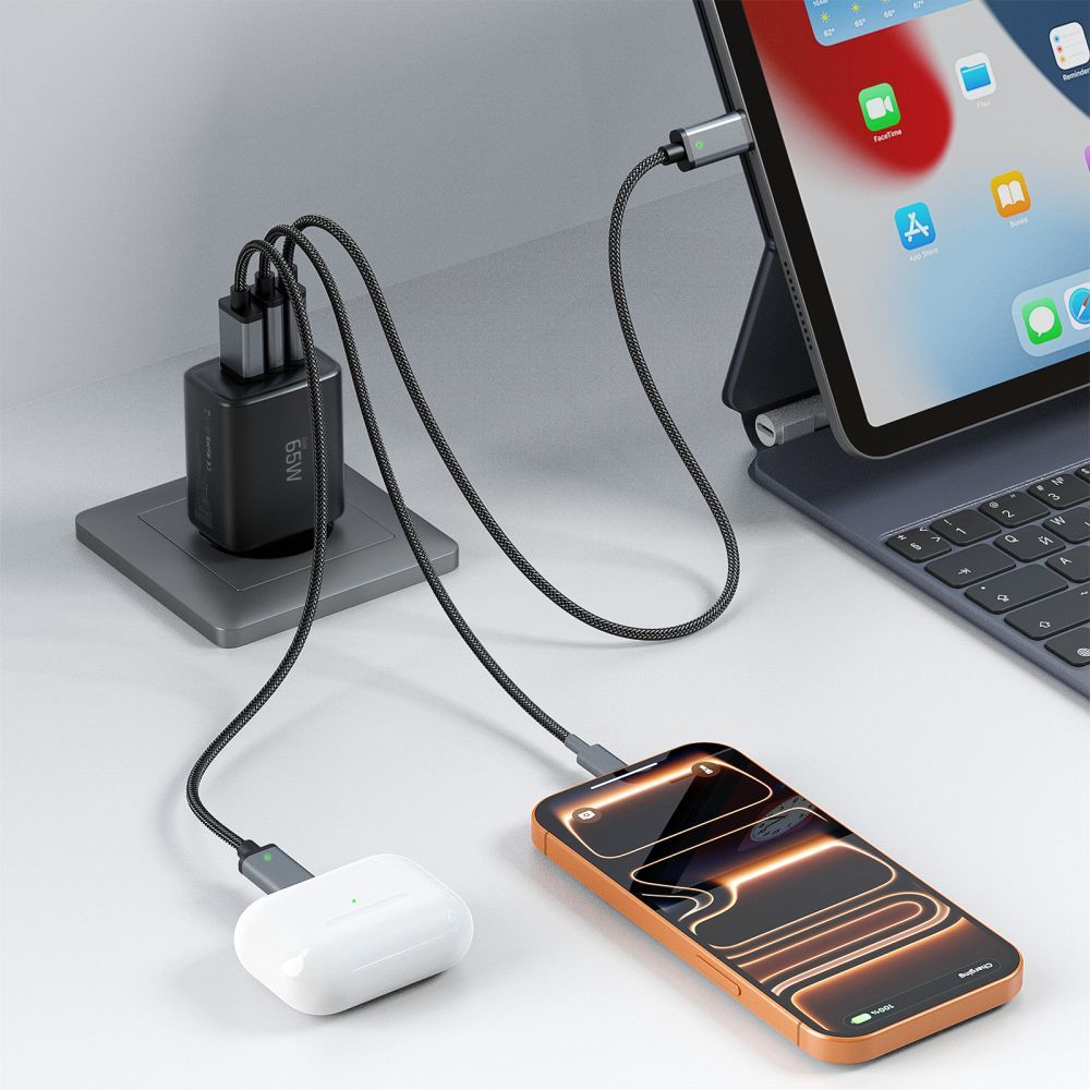 Nätverksladdare Tech-Protect NCA65W, 65W, 3A, 1 x USB-A - 2 x USB-C, Svart