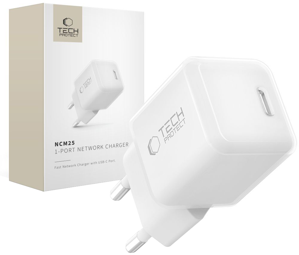 Nätadapter Tech-Protect NCM25, 25W, 3A, 1 x USB-C, Vit