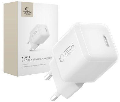 Nätadapter Tech-Protect NCM25, 25W, 3A, 1 x USB-C, Vit