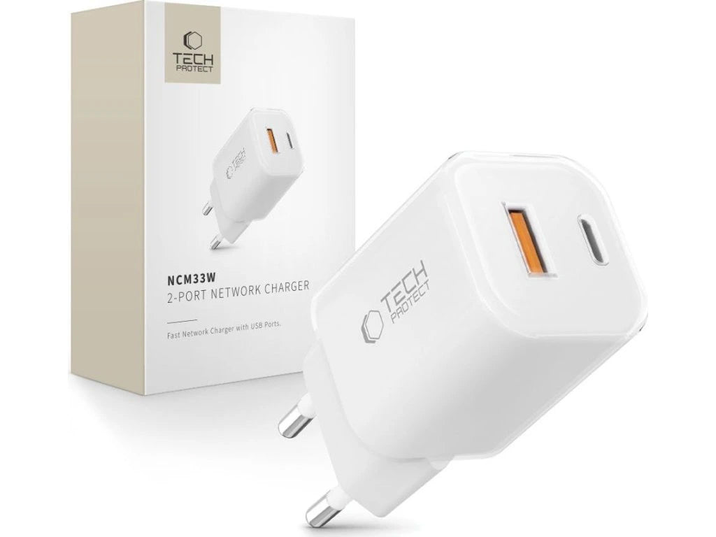Nätverksladdare Tech-Protect NCM33W, 33W, 3A, 1 x USB-A - 1 x USB-C, Vit