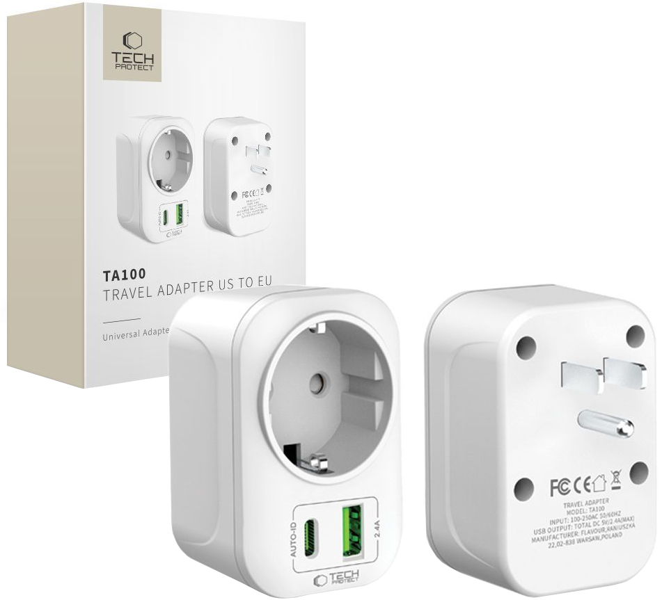 Nätadapter Tech-Protect TA100 Travel US, 20W, 3A, 1 x Schuko - 1 x USB-A - 1 x USB-C, Vit