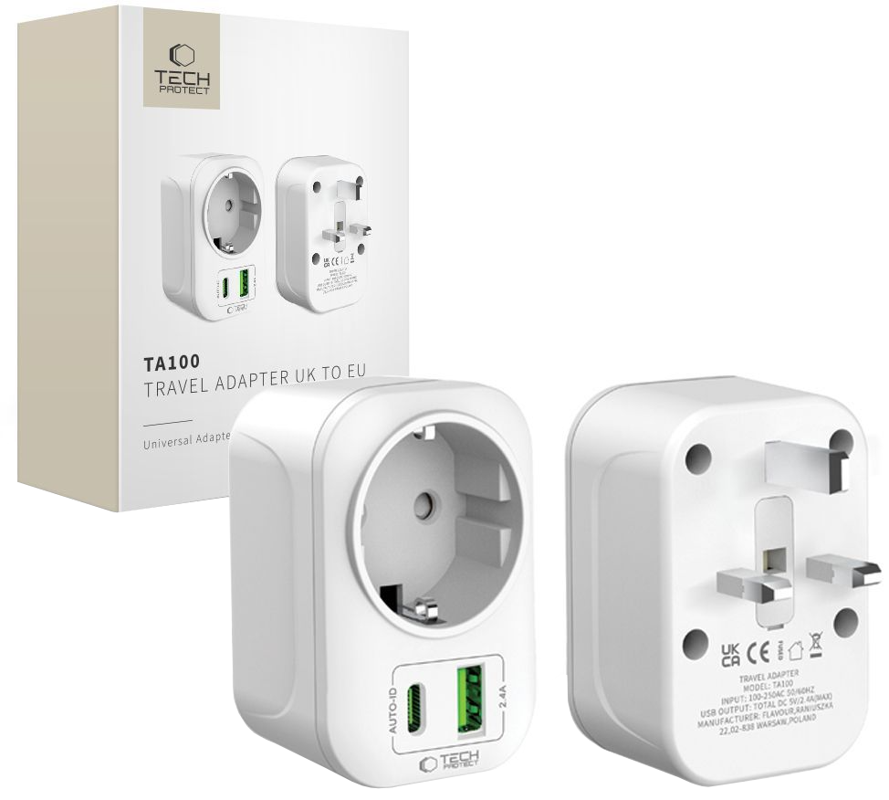 Nätverksladdare Tech-Protect TA100 Travel UK, 20W, 3A, 1 x Schuko - 1 x USB-A - 1 x USB-C, Vit