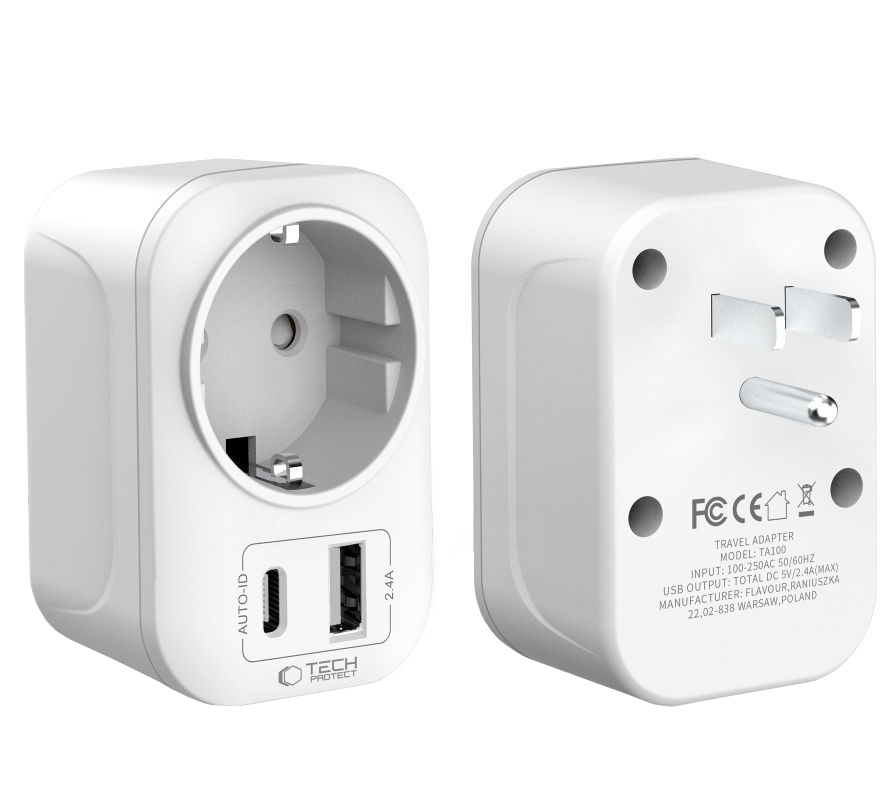 Nätadapter Tech-Protect TA100 Travel US, 20W, 3A, 1 x Schuko - 1 x USB-A - 1 x USB-C, Vit
