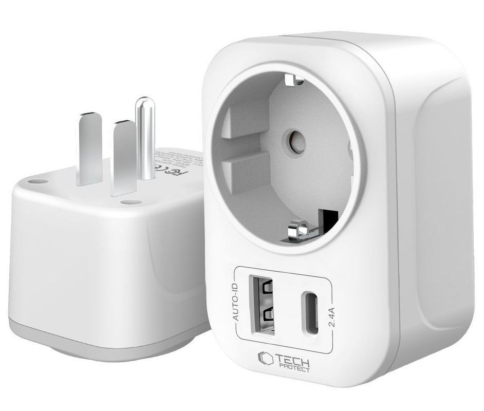 Nätadapter Tech-Protect TA100 Travel US, 20W, 3A, 1 x Schuko - 1 x USB-A - 1 x USB-C, Vit