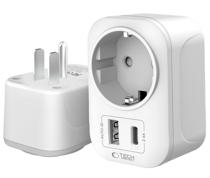 Nätadapter Tech-Protect TA100 Travel US, 20W, 3A, 1 x Schuko - 1 x USB-A - 1 x USB-C, Vit