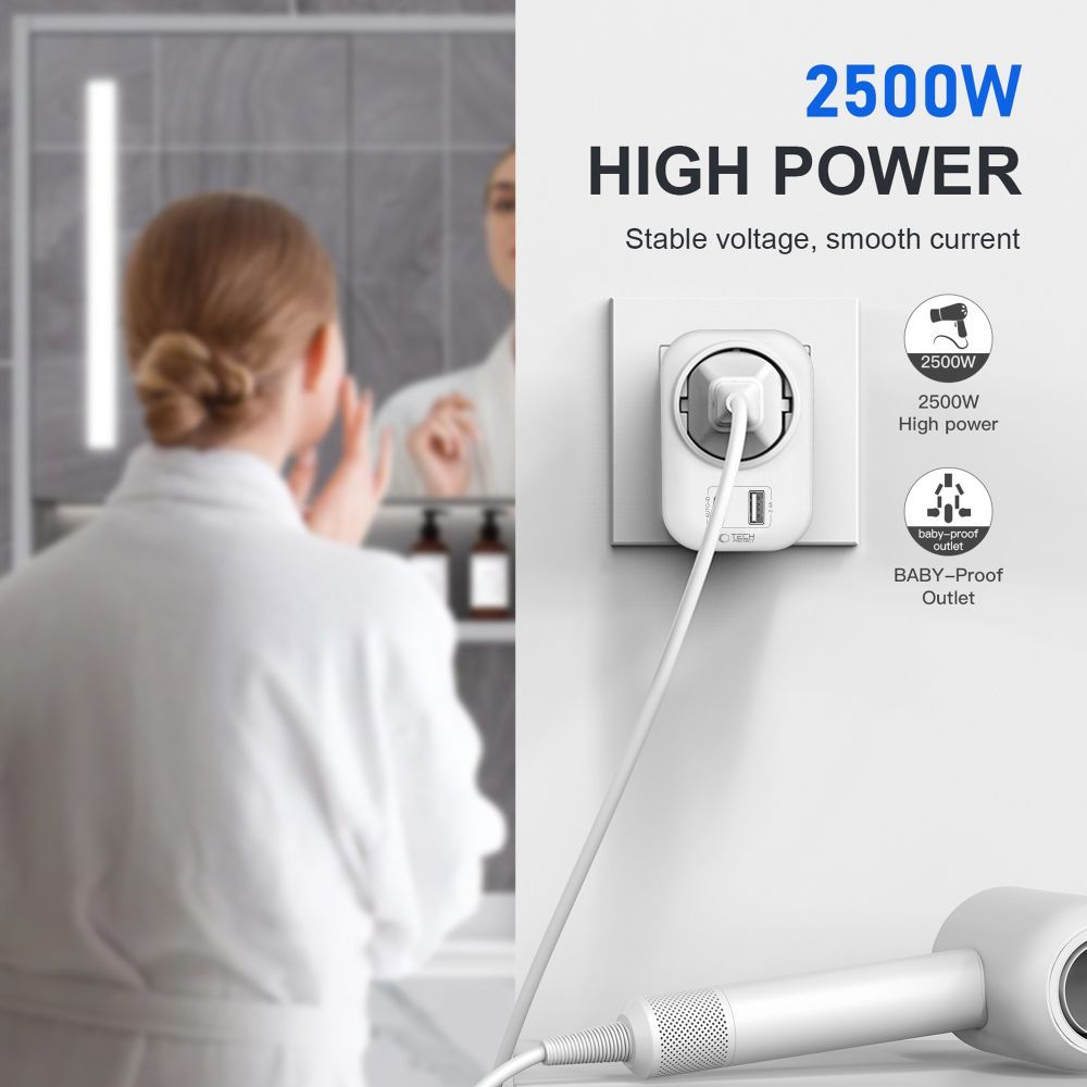 Nätverksladdare Tech-Protect TA100 Travel UK, 20W, 3A, 1 x Schuko - 1 x USB-A - 1 x USB-C, Vit