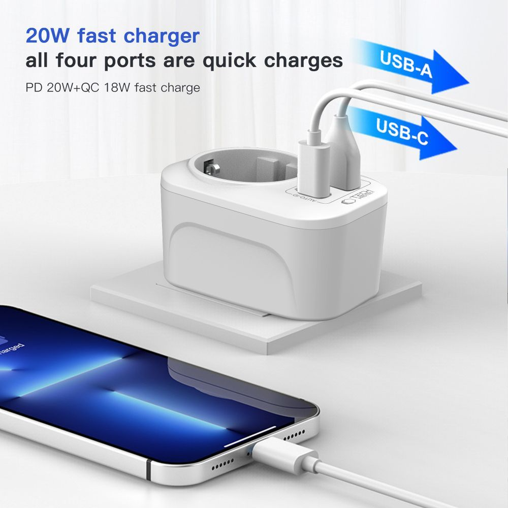 Nätverksladdare Tech-Protect TA100 Travel UK, 20W, 3A, 1 x Schuko - 1 x USB-A - 1 x USB-C, Vit
