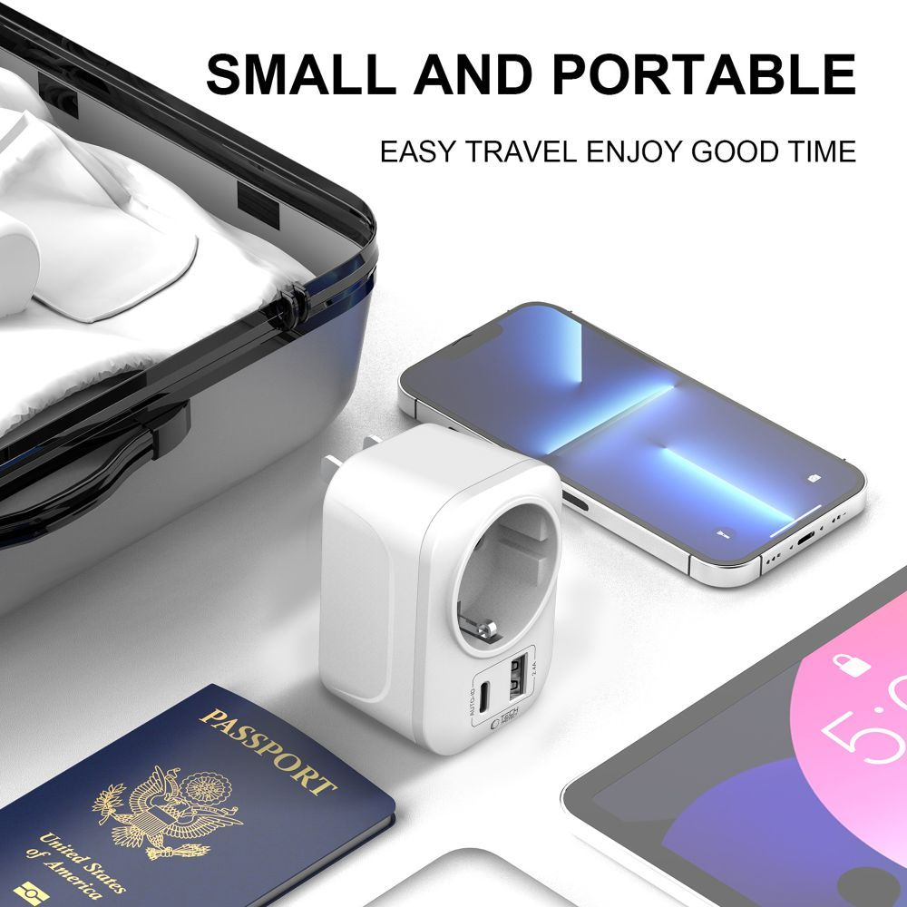 Nätadapter Tech-Protect TA100 Travel US, 20W, 3A, 1 x Schuko - 1 x USB-A - 1 x USB-C, Vit