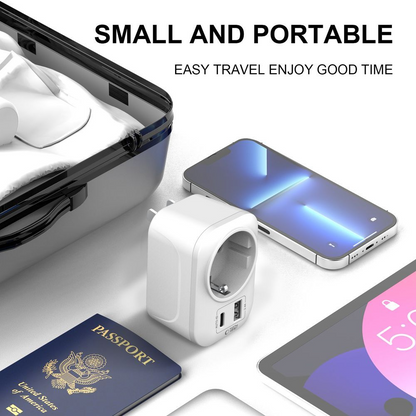 Nätadapter Tech-Protect TA100 Travel US, 20W, 3A, 1 x Schuko - 1 x USB-A - 1 x USB-C, Vit