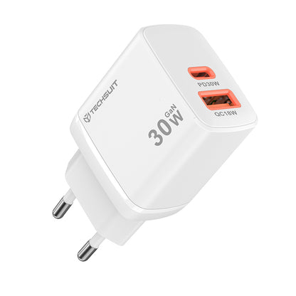 Nätverksladdare Techsuit CH1 Duonix, 30W, 3A, 1 x USB-A - 1 x USB-C, Vit