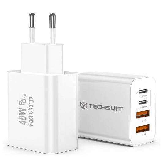 Nätverksladdare Techsuit PowerXQuad CH4, 40W, 3A, 2 x USB-A - 2 x USB-C, Vit