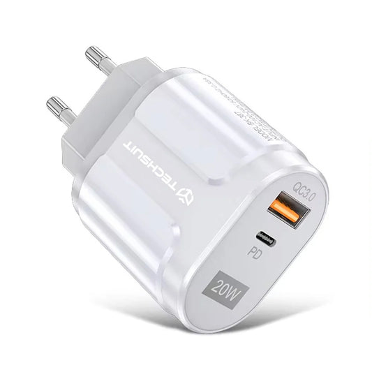 Nätverksladdare Techsuit Premium, 20W, 3A, 1 x USB-A - 1 x USB-C, Vit