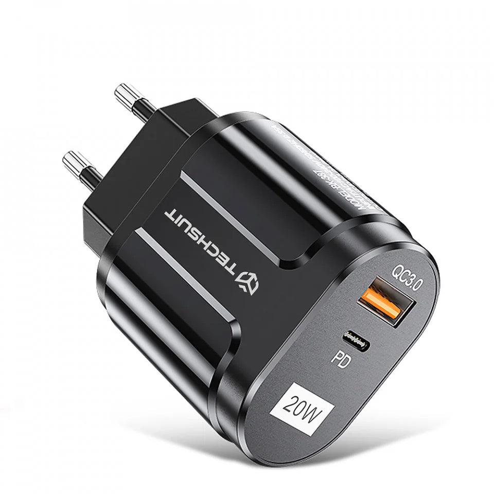 Techsuit Premium nätverksladdare, 20W, 3A, 1 x USB-A - 1 x USB-C, Svart CHPD038