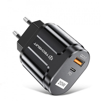Techsuit Premium nätverksladdare, 20W, 3A, 1 x USB-A - 1 x USB-C, Svart CHPD038