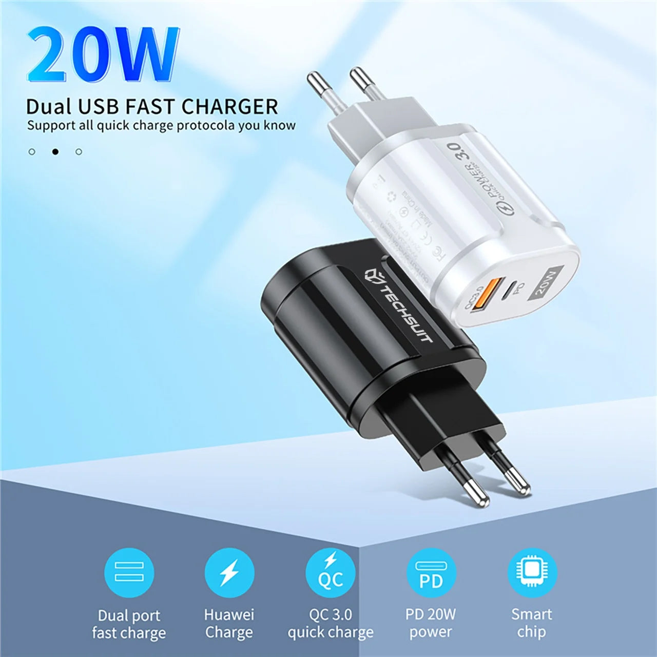 Techsuit Premium nätverksladdare, 20W, 3A, 1 x USB-A - 1 x USB-C, Svart CHPD038