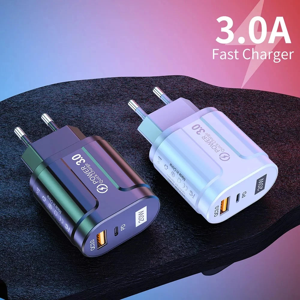 Techsuit Premium nätverksladdare, 20W, 3A, 1 x USB-A - 1 x USB-C, Svart CHPD038