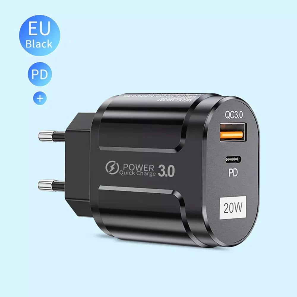 Techsuit Premium nätverksladdare, 20W, 3A, 1 x USB-A - 1 x USB-C, Svart CHPD038