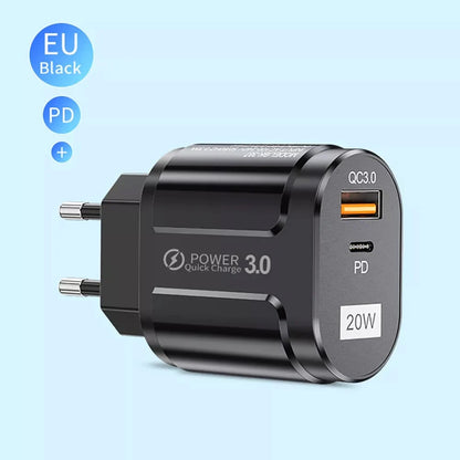 Techsuit Premium nätverksladdare, 20W, 3A, 1 x USB-A - 1 x USB-C, Svart CHPD038