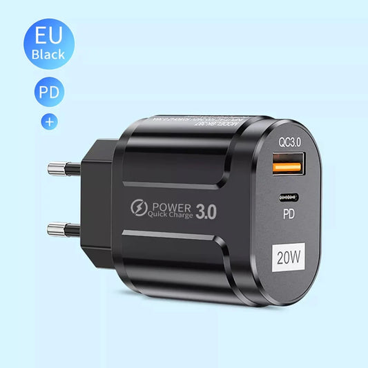Techsuit Premium nätverksladdare, 20W, 3A, 1 x USB-A - 1 x USB-C, Svart CHPD038