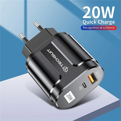 Techsuit Premium nätverksladdare, 20W, 3A, 1 x USB-A - 1 x USB-C, Svart CHPD038