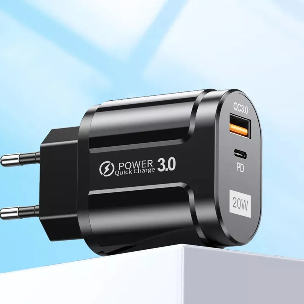 Techsuit Premium nätverksladdare, 20W, 3A, 1 x USB-A - 1 x USB-C, Svart CHPD038