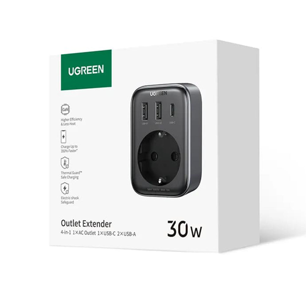 UGREEN 15289 US Network Charger, 30W, 3A, 2 x USB-A - 1 x USB-C - 1 x Schuko, Black
