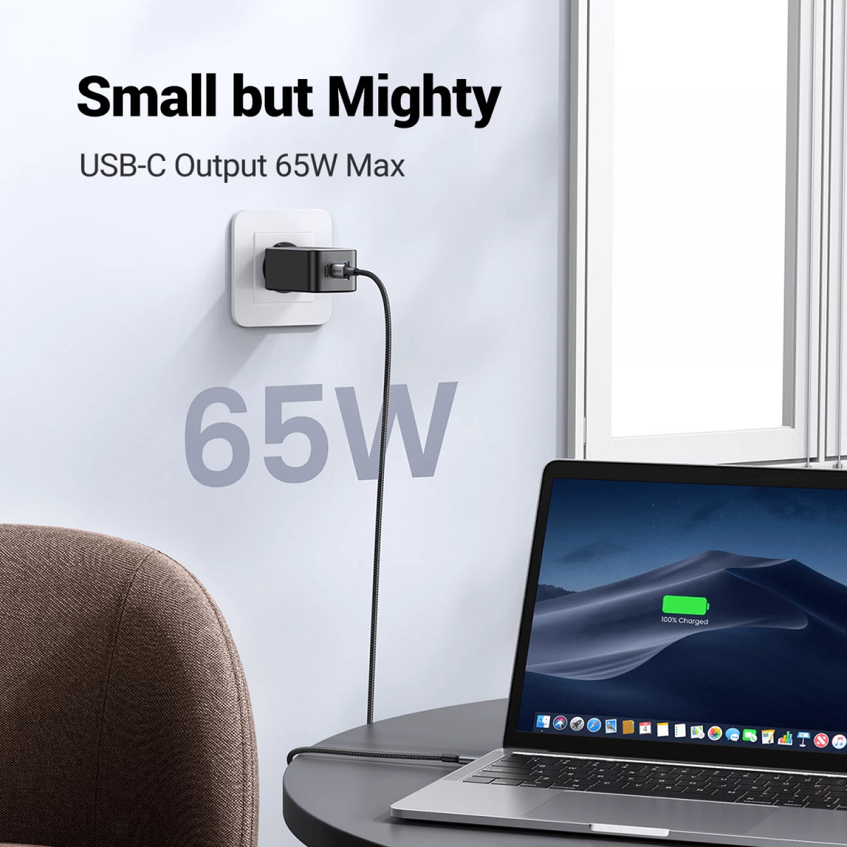 Nätadapter UGREEN CD244 (10335), 65W, 3A, 1 x USB-A - 2 x USB-C, Grå