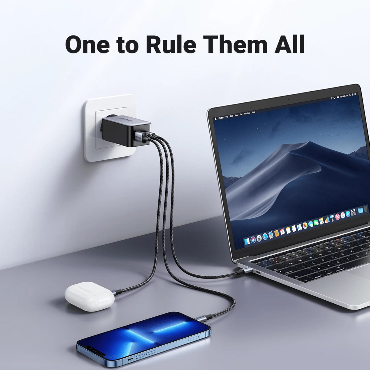 Nätadapter UGREEN CD244 (10335), 65W, 3A, 1 x USB-A - 2 x USB-C, Grå