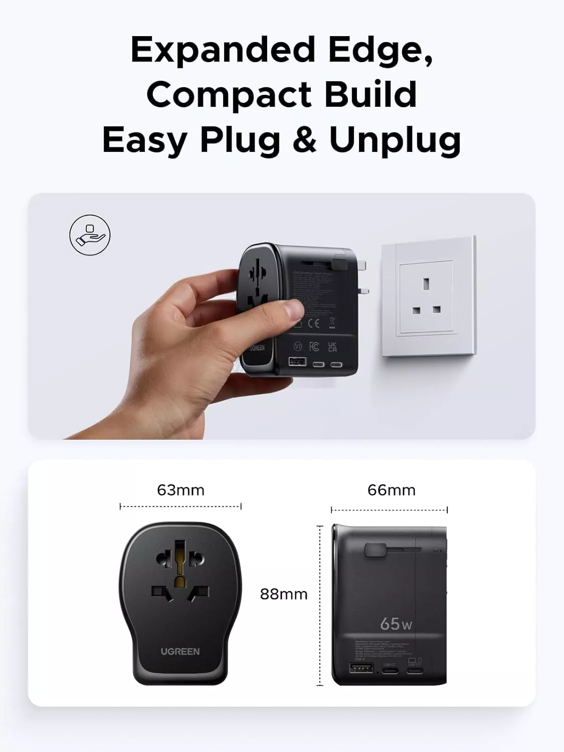 Nätadapter UGREEN Travel S550 (55001), 65W, 3,25A, 1 x USB-A - 2 x USB-C, Svart