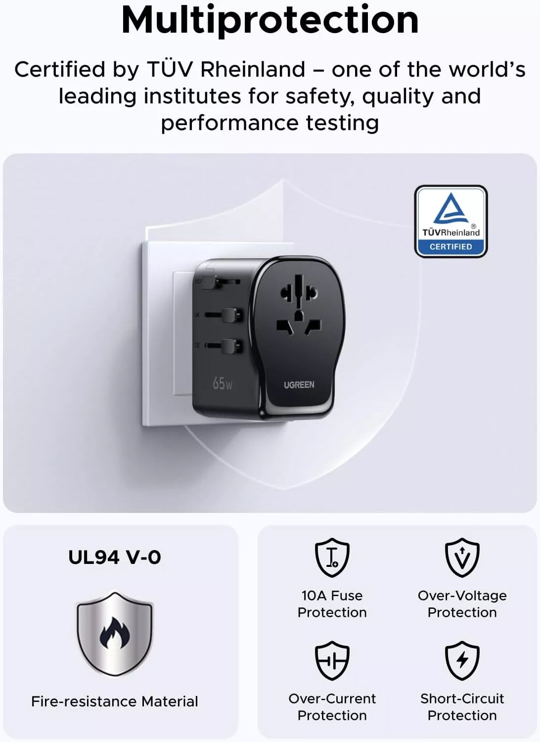 Nätadapter UGREEN Travel S550 (55001), 65W, 3,25A, 1 x USB-A - 2 x USB-C, Svart