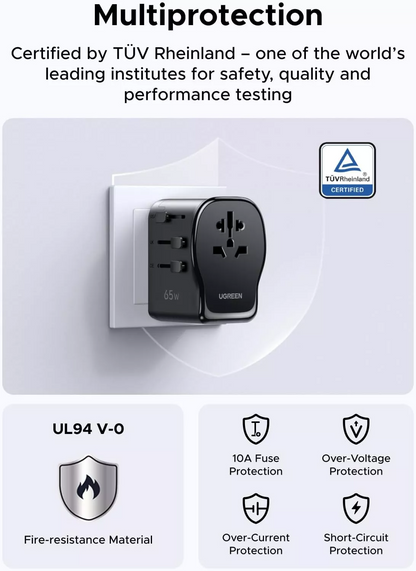Nätadapter UGREEN Travel S550 (55001), 65W, 3,25A, 1 x USB-A - 2 x USB-C, Svart