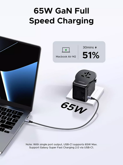 Nätadapter UGREEN Travel S550 (55001), 65W, 3,25A, 1 x USB-A - 2 x USB-C, Svart