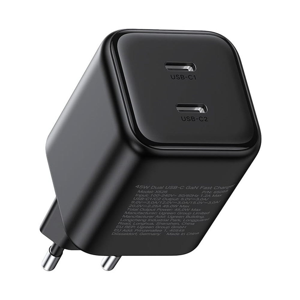 Nätadapter UGREEN X526 (65058), 45W, 3A, 2 x USB-C, Svart