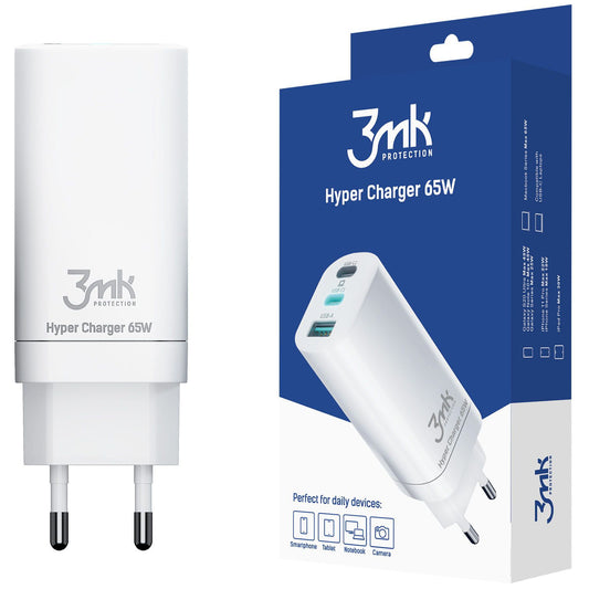 Nätadapter 3MK HyperCharger, 65W, 5A, 1 x USB-A - 2 x USB-C, Vit