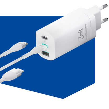 Nätadapter 3MK HyperCharger, 65W, 5A, 1 x USB-A - 2 x USB-C, Vit