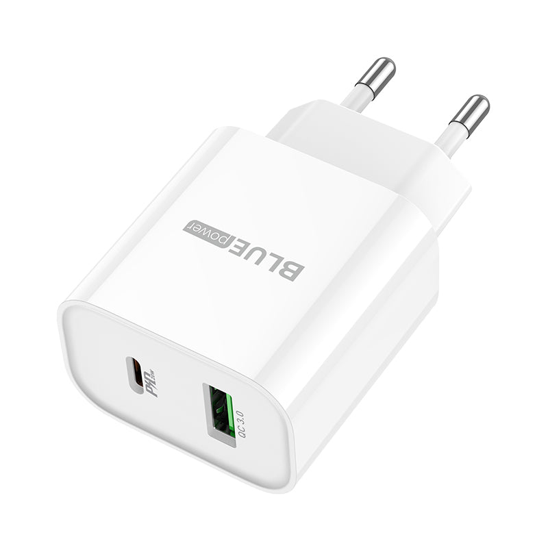 Nätadapter BLUE Power BC80A, 20W, 3A, 1 x USB-A - 1 x USB-C, Vit