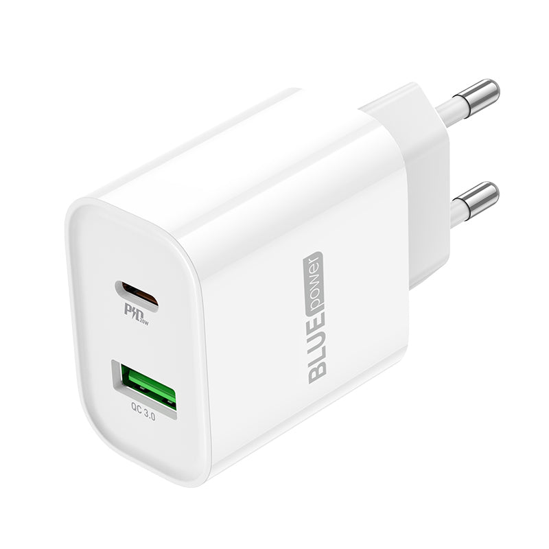 Nätadapter BLUE Power BC80A, 20W, 3A, 1 x USB-A - 1 x USB-C, Vit