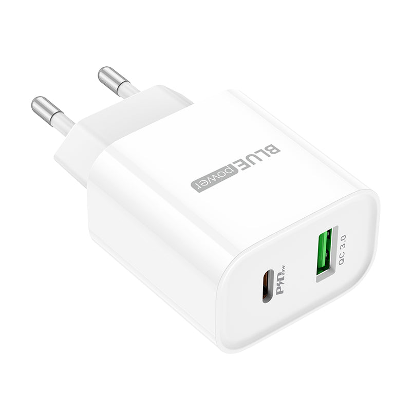 Nätadapter BLUE Power BC80A, 20W, 3A, 1 x USB-A - 1 x USB-C, Vit