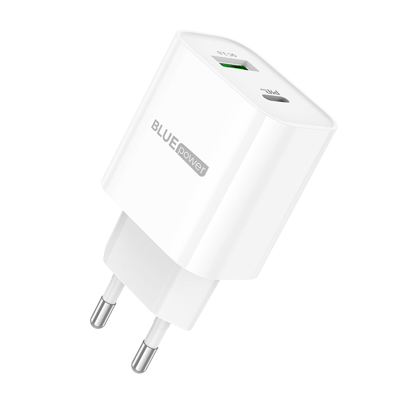 Nätadapter BLUE Power BC80A, 20W, 3A, 1 x USB-A - 1 x USB-C, Vit