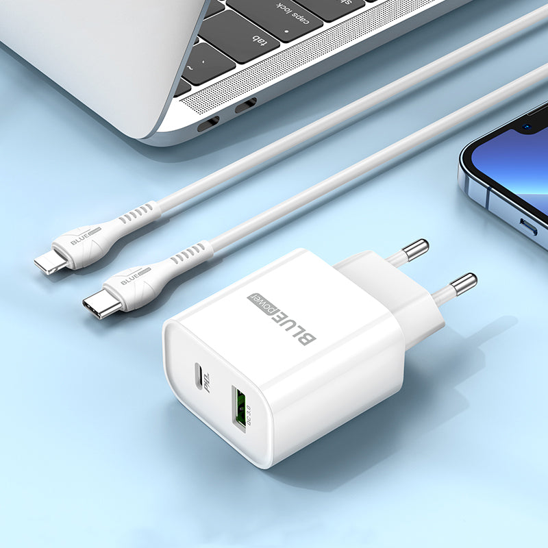 Nätadapter BLUE Power BC80A, 20W, 3A, 1 x USB-A - 1 x USB-C, Vit