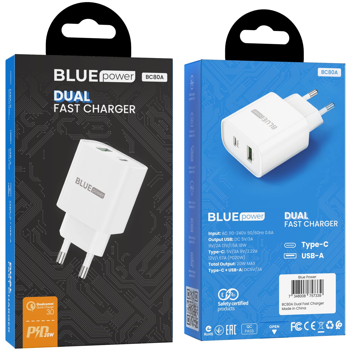 Nätadapter BLUE Power BC80A, 20W, 3A, 1 x USB-A - 1 x USB-C, Vit