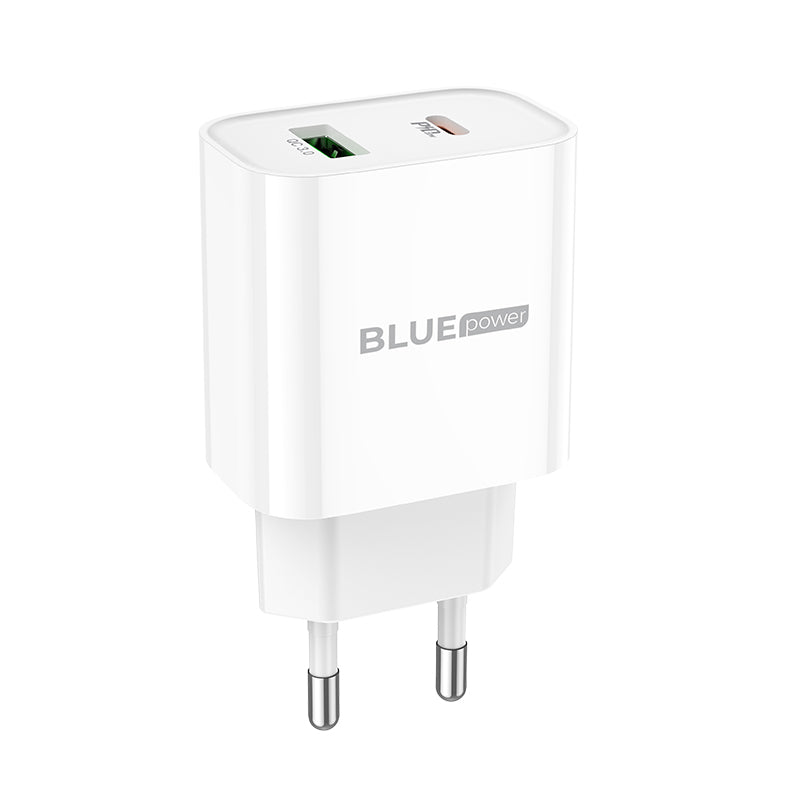 Nätadapter BLUE Power BC80A, 20W, 3A, 1 x USB-A - 1 x USB-C, Vit
