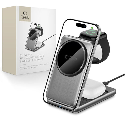 Trådlös nätverksladdare Tech-Protect A42 3in1, 15W, 1.67A, Grå